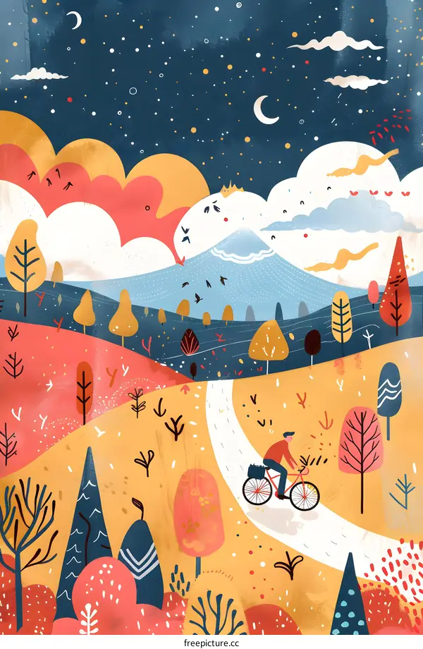 Cycling through the Night Landscape Illustration