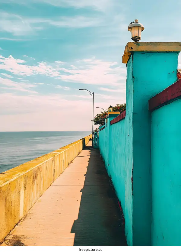 Ocean View Walkway With Turquoise Wall And Streetlights