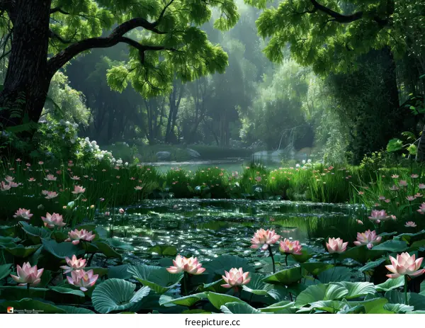 Pink Lotus Pond in a Lush Forest