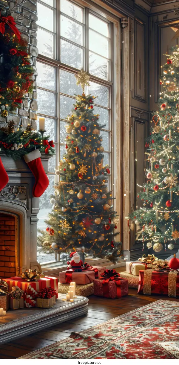 Cozy Christmas Tree with Festive Decorations and Fireplace