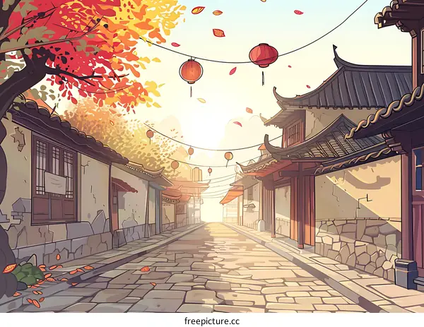 Autumn Sunset in Ancient Chinese Village