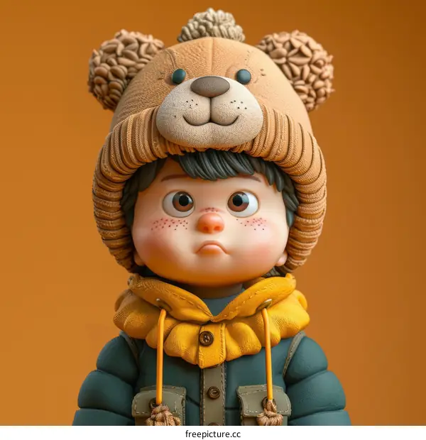 3D rendering of a cute cartoon boy wearing a bear hat