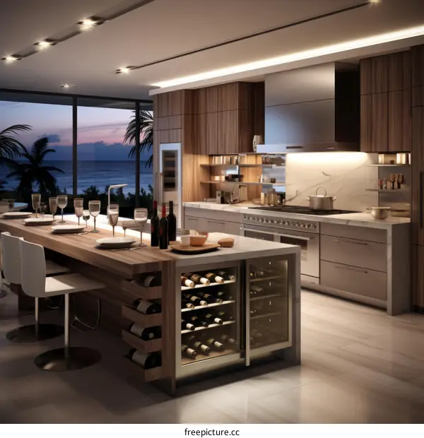 Modern kitchen interior design with large windows overlooking the ocean