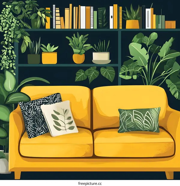 Yellow Sofa in a Green Living Room Illustration