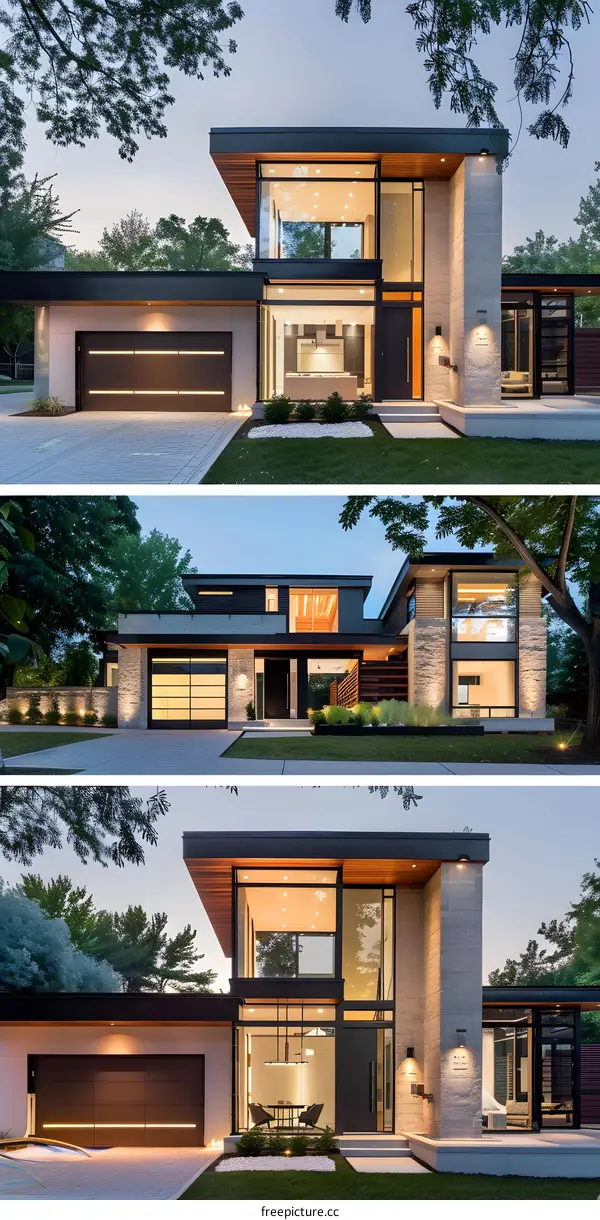 Modern House with Large Windows and Stone Facade