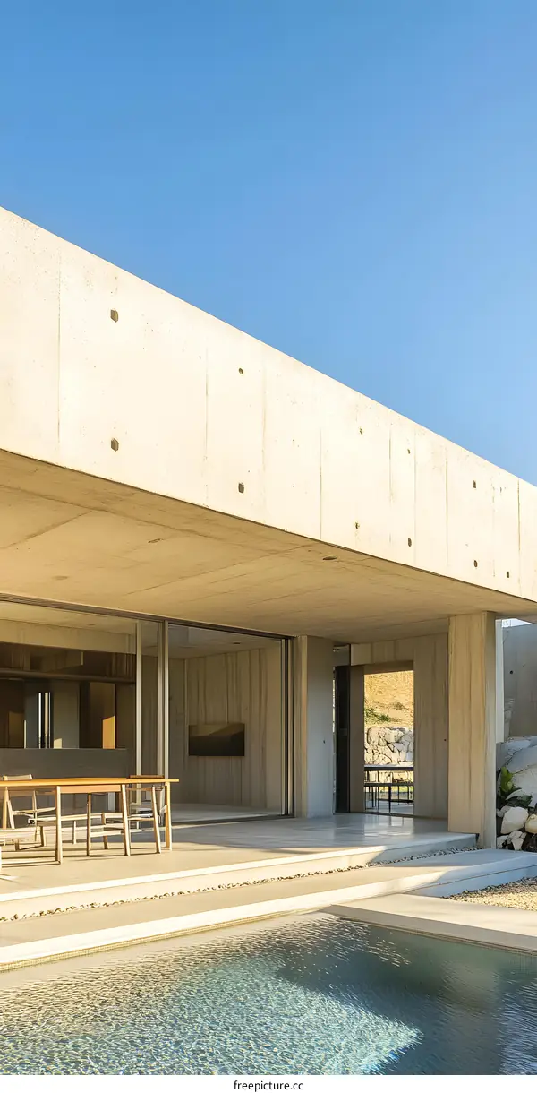 Modern Concrete House with Infinity Pool and Blue Sky