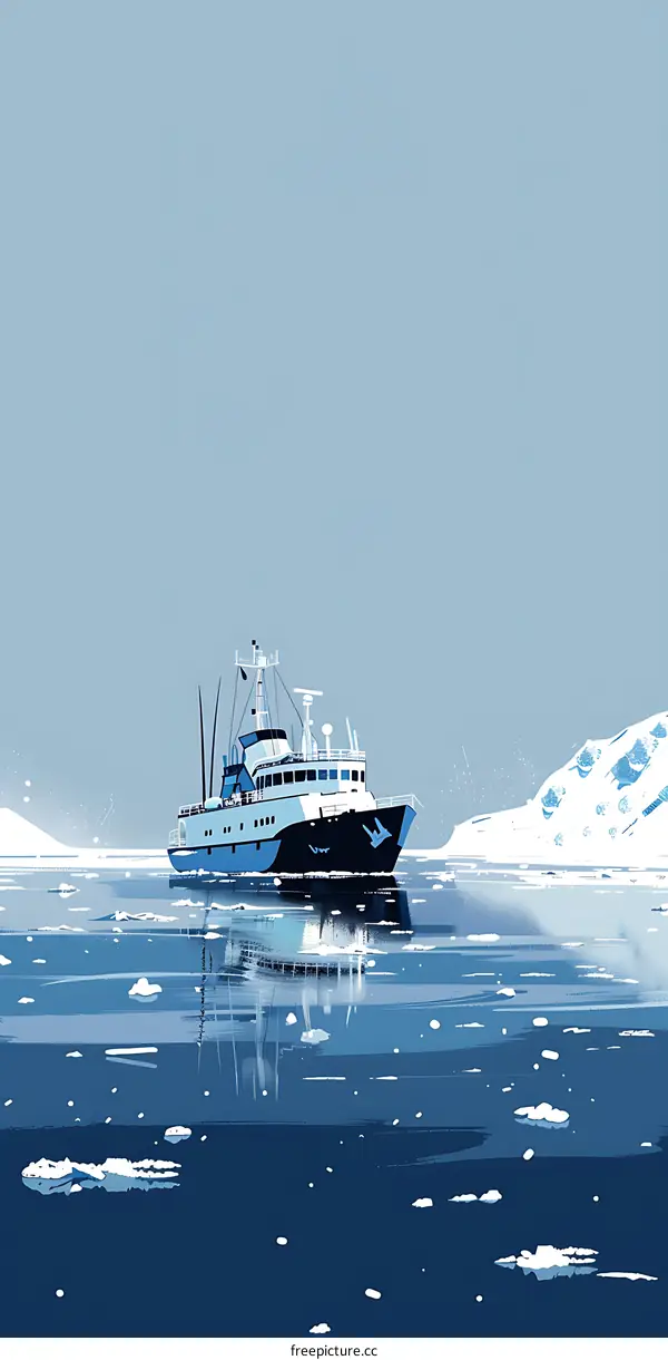 Boat Sailing on the Arctic Sea with Icebergs in the Background