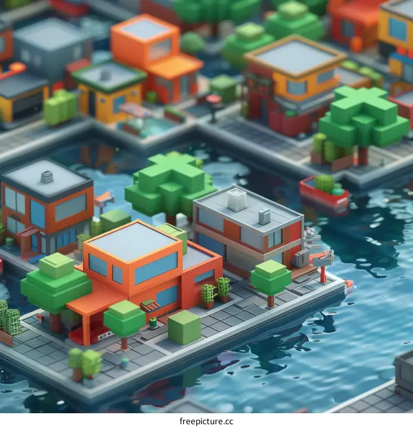 A Colorful Small Town by the River with Green Trees