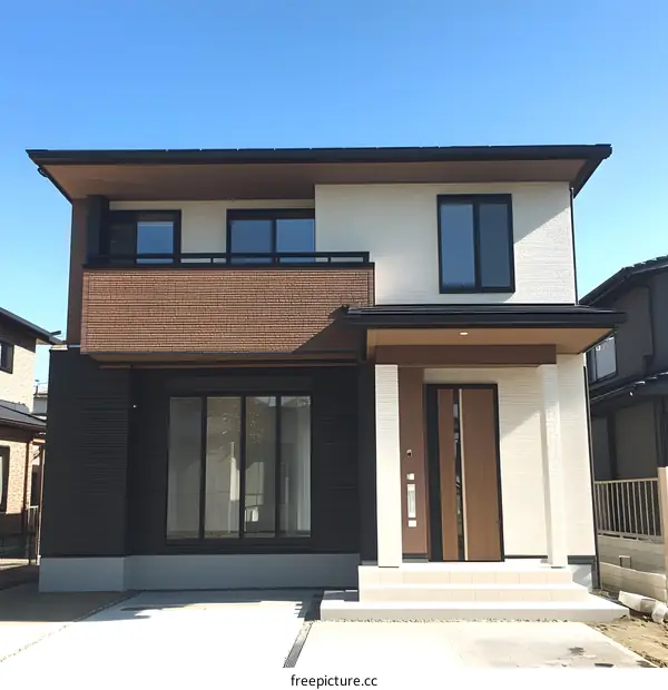 Modern House Exterior With White Brick Walls And Brown Wood Door