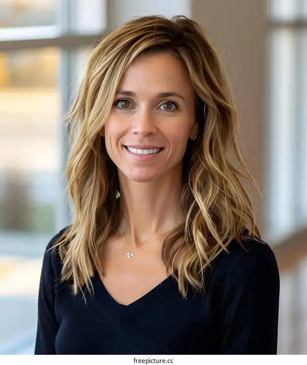 portrait of a smiling blonde woman in a black sweater