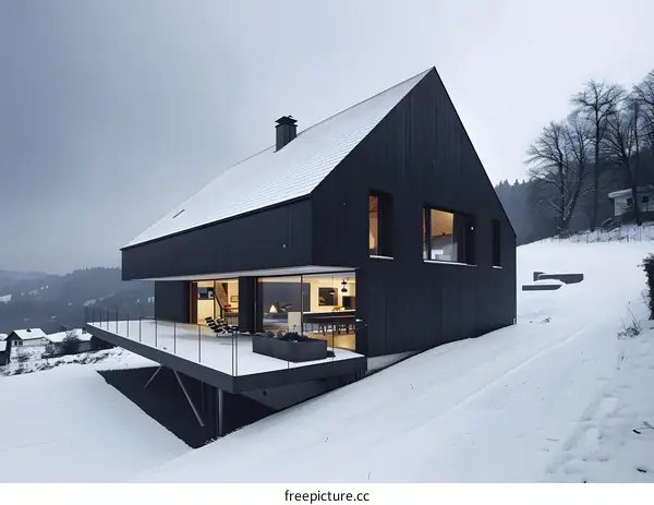 Modern Black House on a Snowy Hillside