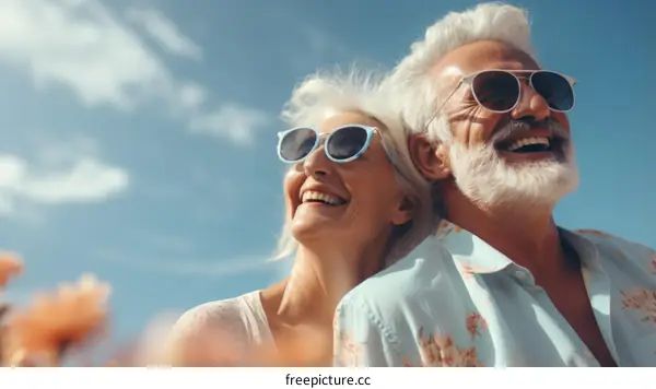 Happy elderly couple laughing together