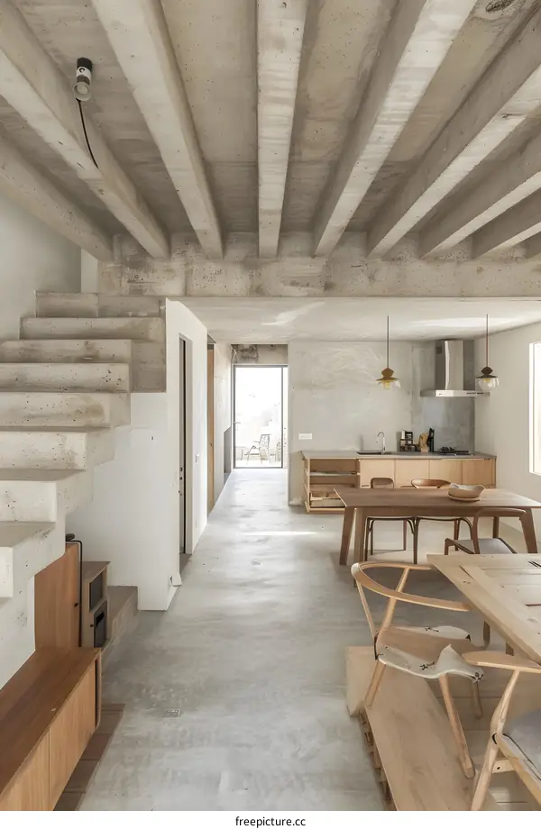 Modern Concrete Home Interior with Wooden Furniture