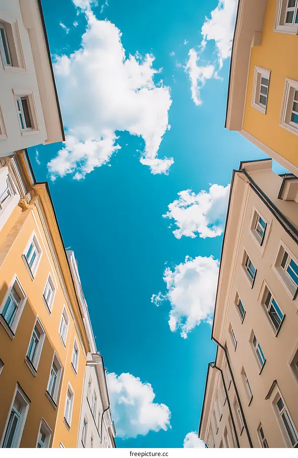 Looking Up at the Blue Sky and White Clouds Between Buildings