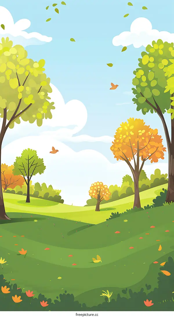 Cartoon Illustration of a Spring Meadow With Green Grass and Trees