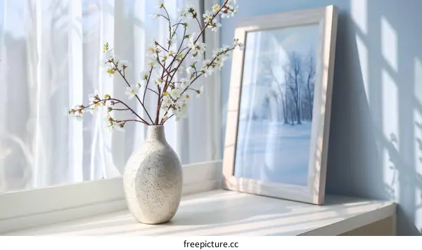 Vase with Cherry Blossoms and Picture Frame on Windowsill
