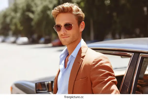 Stylish Man by Vintage Car in City