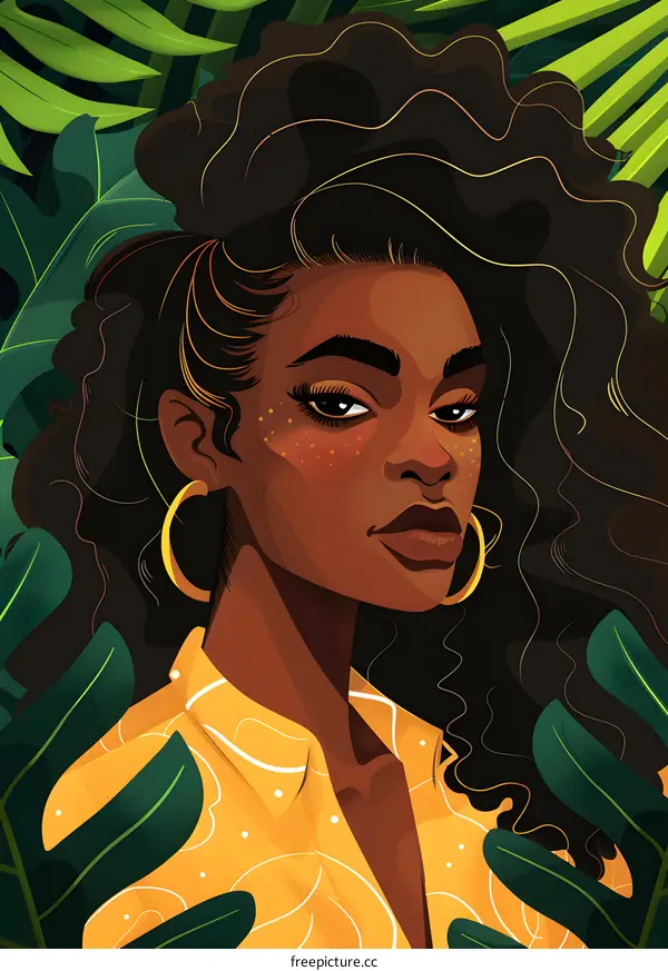 Woman with Black Curly Hair in Yellow Shirt Surrounded by Green Leaves Illustration