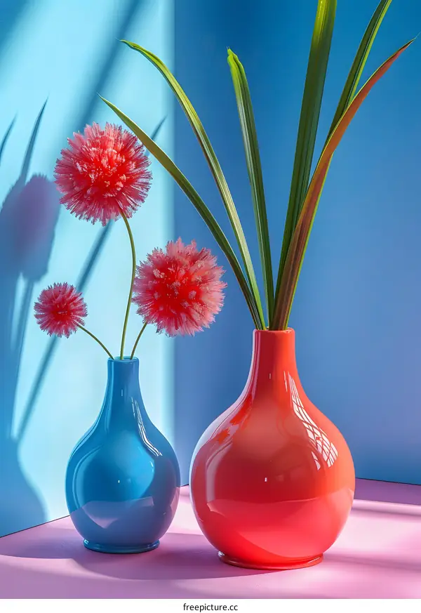 Two Colorful Vases with Flowers on Pink Surface