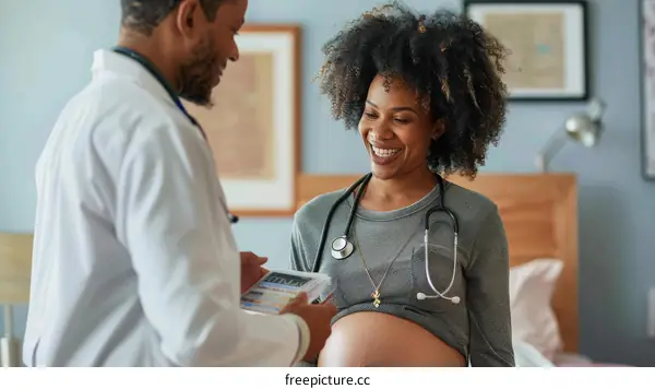 Pregnant woman consulting doctor during home visit