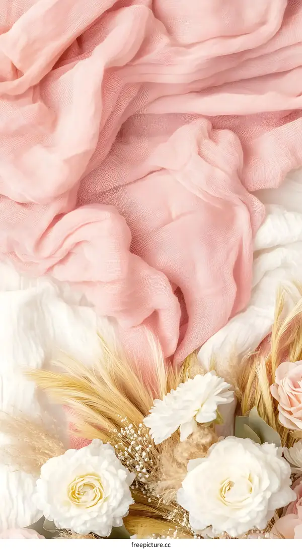 Pink Fabric with White Flowers and Pampas Grass