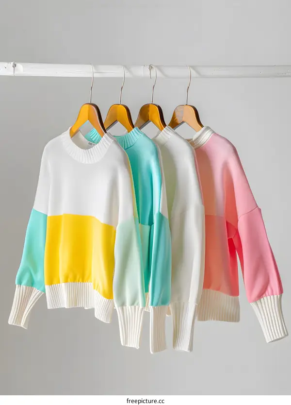 Colorful Knitted Sweaters Hanging On Wooden Hangers
