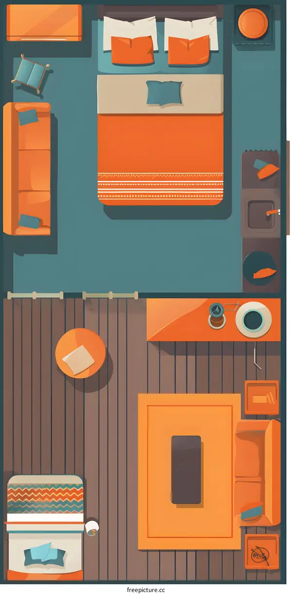 Top View Illustration of a Cozy Tiny House Interior Design