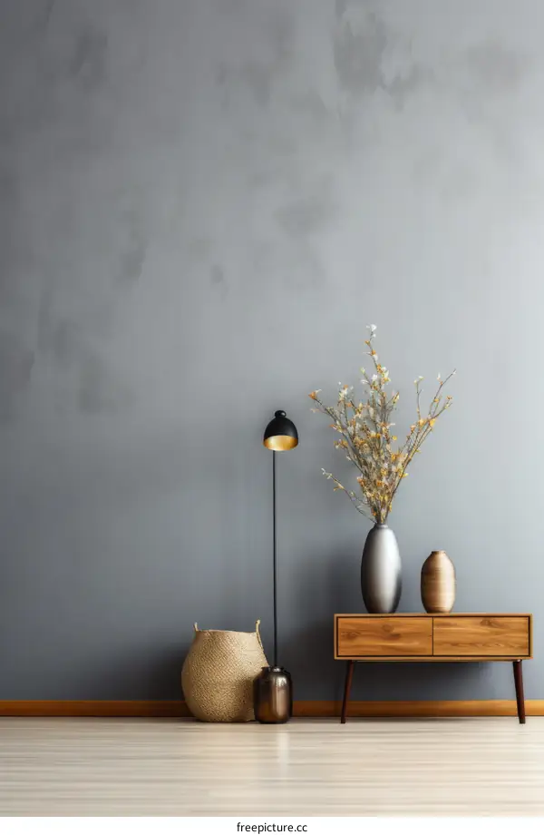 gray wall with wood floor and mid-century modern furniture