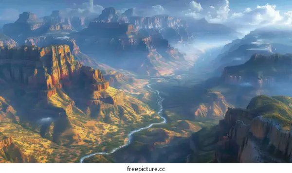 An illustration of a canyon landscape with a river running through it