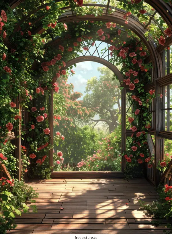 Wooden Arbor Structure Covered in Pink Climbing Roses