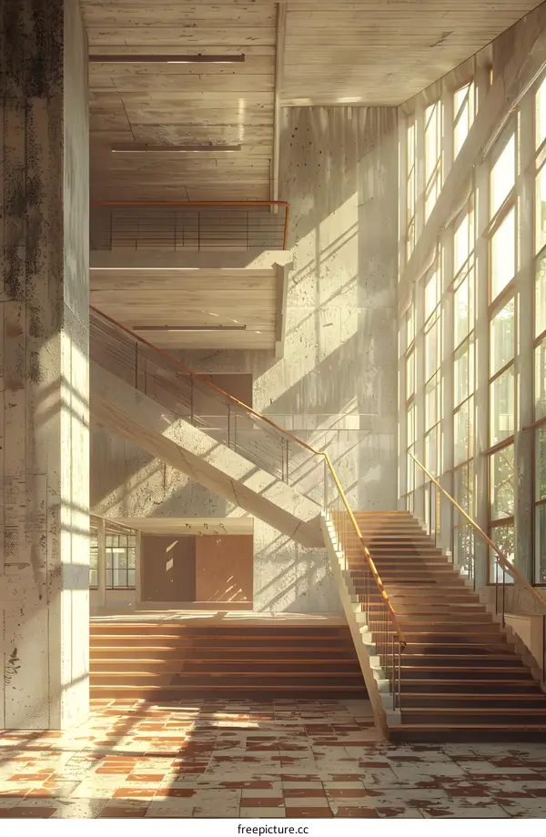 Staircase in a concrete building with large windows