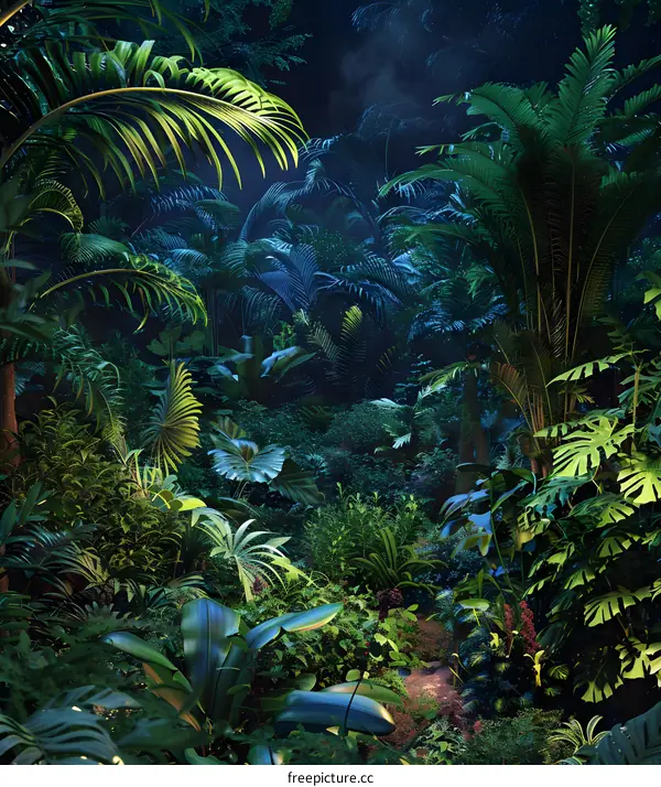 Tropical Rainforest at Night with Lush Greenery and Palm Trees