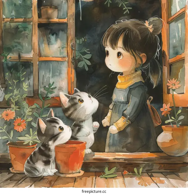 A girl looking at two cats through the window
