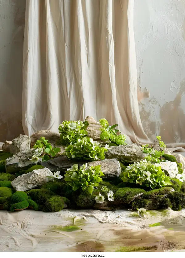 Green Plants With White Flowers On Rocks And Moss