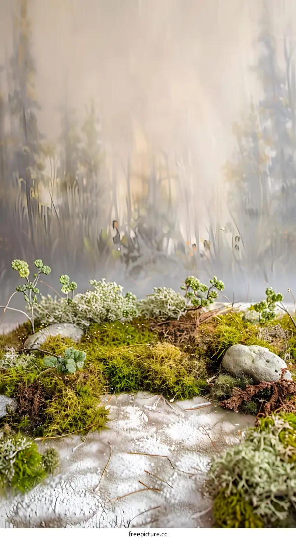 Forest Moss Background with White Fog
