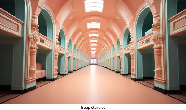 liminal space pink pastel arched hallway