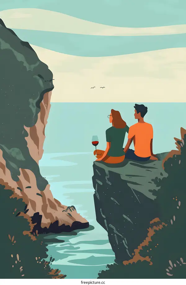 Couple Enjoying Wine at Cliffside Overlooking Ocean