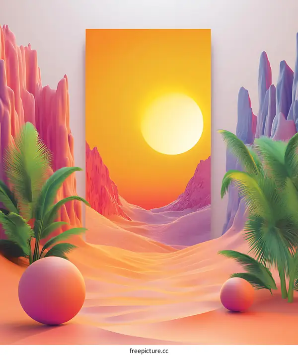 Abstract Landscape Illustration With Sunset And Palm Trees