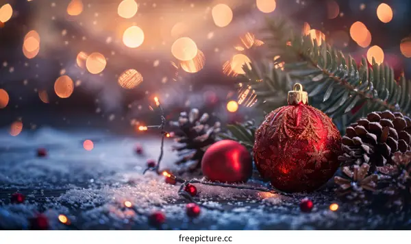 Christmas Still Life with Ornaments and Pine Cones