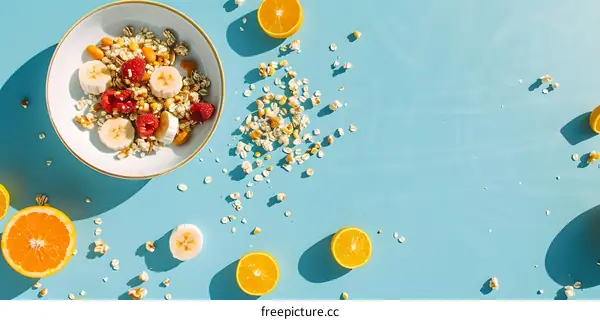 Healthy Breakfast with Banana, Raspberry, Orange and Oatmeal on Blue Background
