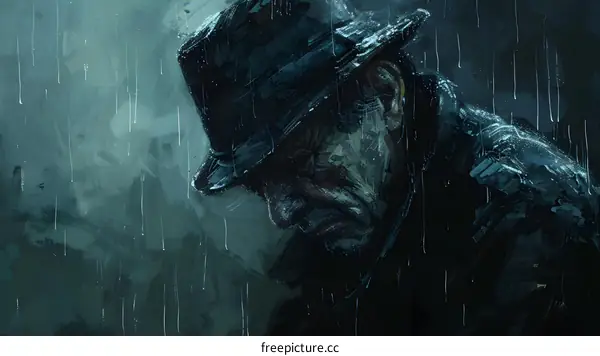 A painting of a man wearing a hat in the rain
