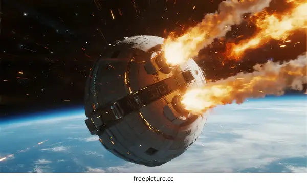 A spherical space station with fire trails burning in Earth's orbit