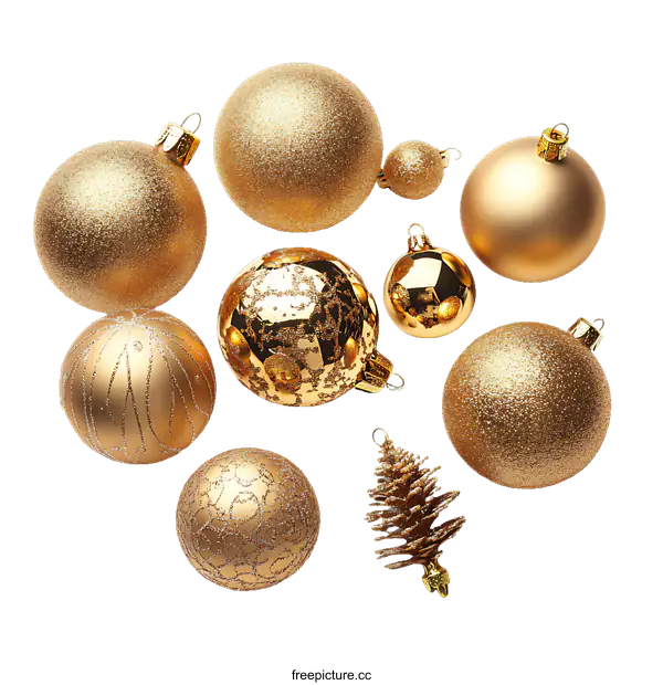 [Transparent Background PNG]Golden Christmas Ornament Collection on White Background