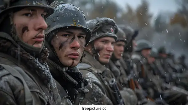 A group of young soldiers in military uniform during a World War II reenactment.
