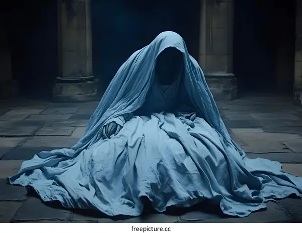 Mysterious Figure in a Blue Robe Sitting in an Old Building