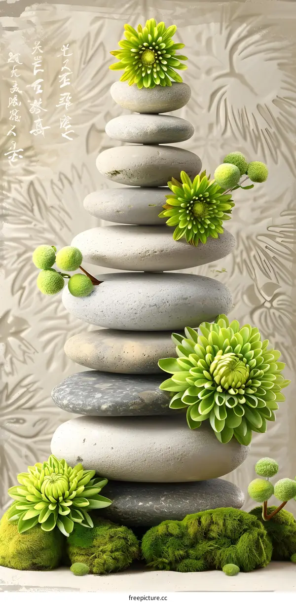 Zen Garden Stones and Flowers Illustration