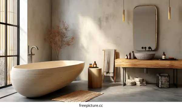 Modern Wooden Bathtub in a Rustic Bathroom