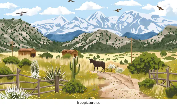 Mountain Landscape with Houses and a Donkey