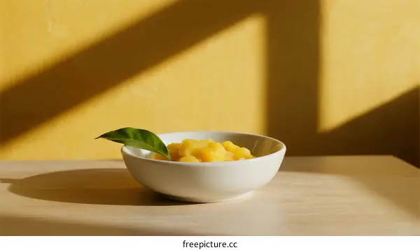 Creamy Yellow Puree Served in White Bowl with Fresh Green Leaf