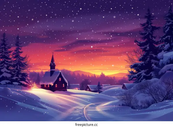 Peaceful Snowy Village Under a Starry Night Sky